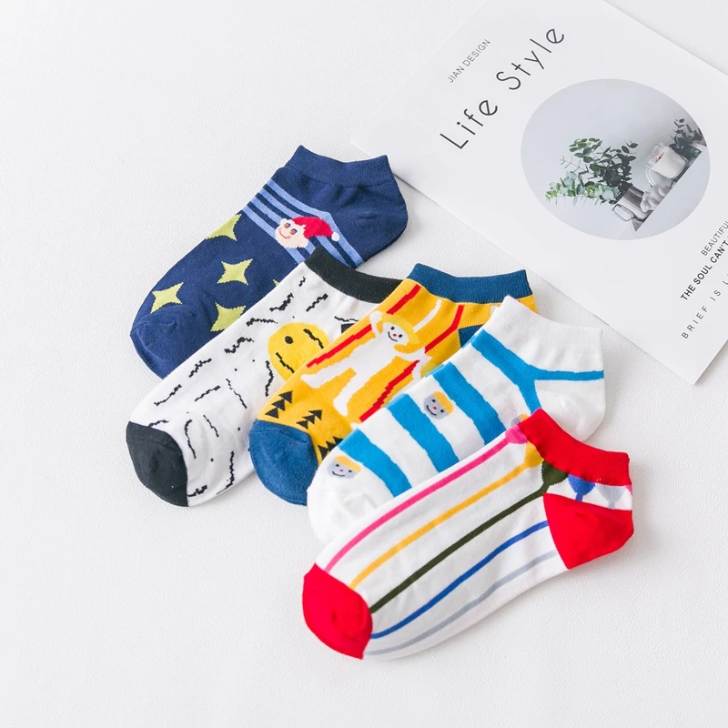 Симпатичные женские хлопковые носки с рисунками из мультфильмов полосатые синие