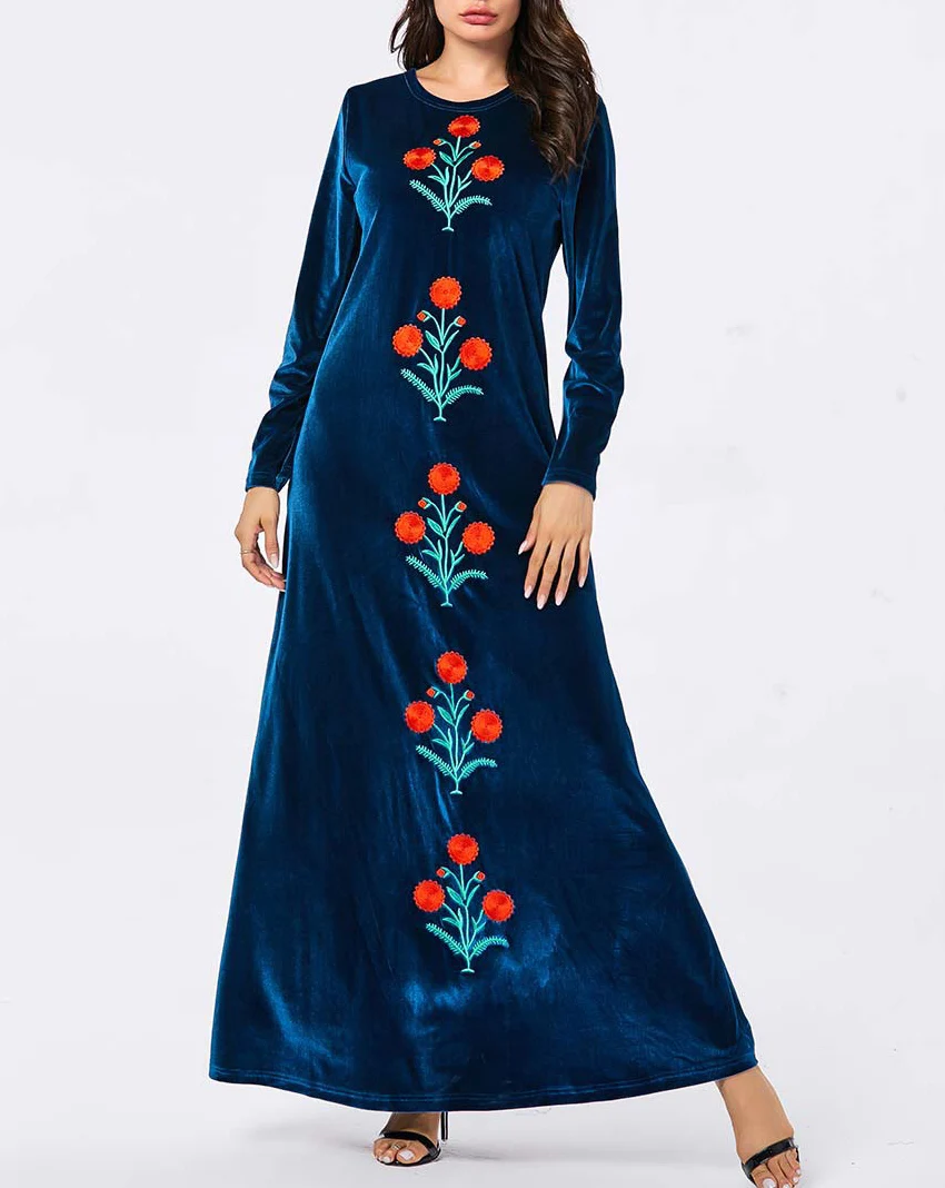 2021 New Muslim Abaya Clothing Velvet Dresses Embroidery Flowers Fashion Loose Plus Size Long sleeve Evening Maxi Dress Ladies |