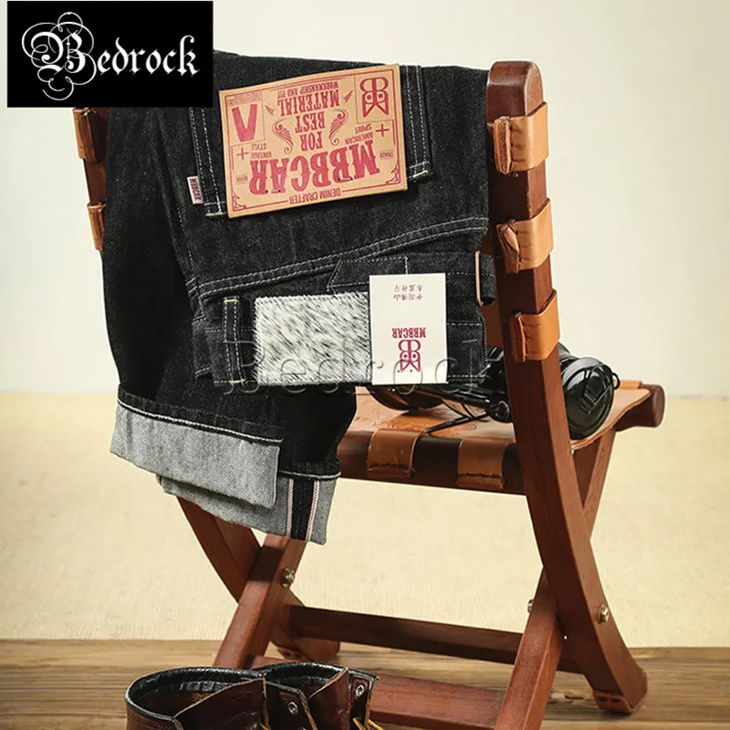 MBBCAR 14oz horse fur leather brand jeans men's slim black pencil pants vintage paris buckle Raw Denim one washed jeans 7306