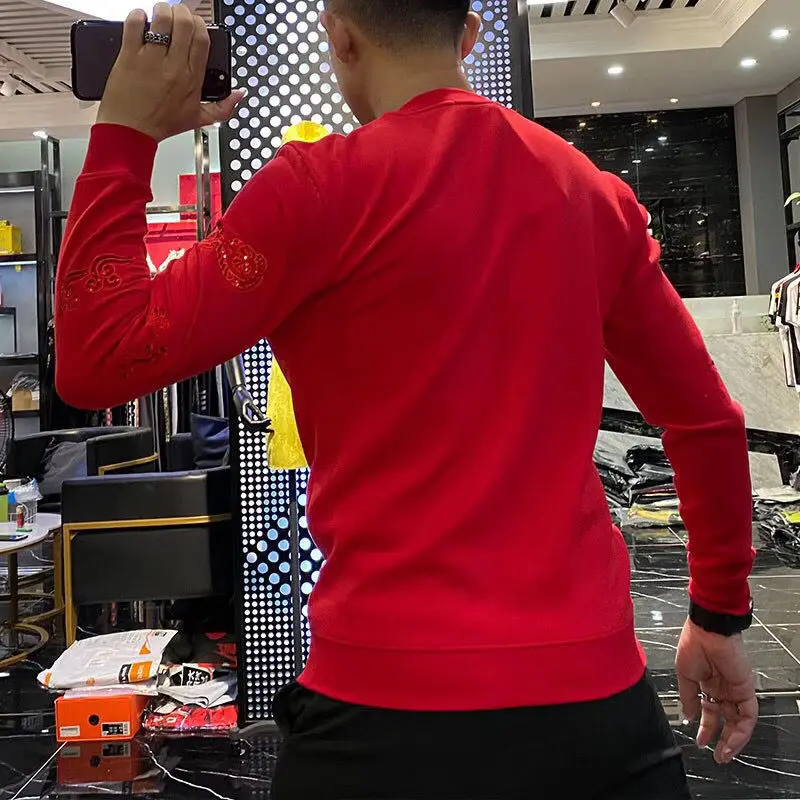 

New hot men's new Chinese dragon and tiger embroidered slim round neck casual pullover luxury 100% cotton hoodie
