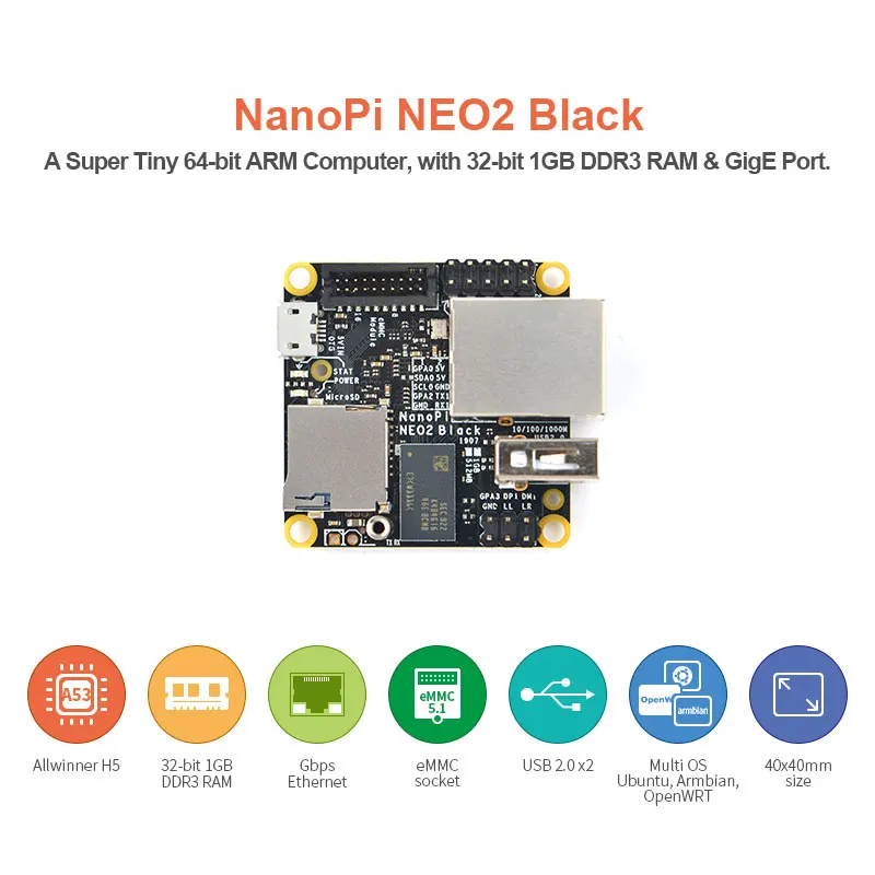 Экологичная плата разработки NanoPi NEO2 Black chi H5 все четыре 64-битных гигабитных сети