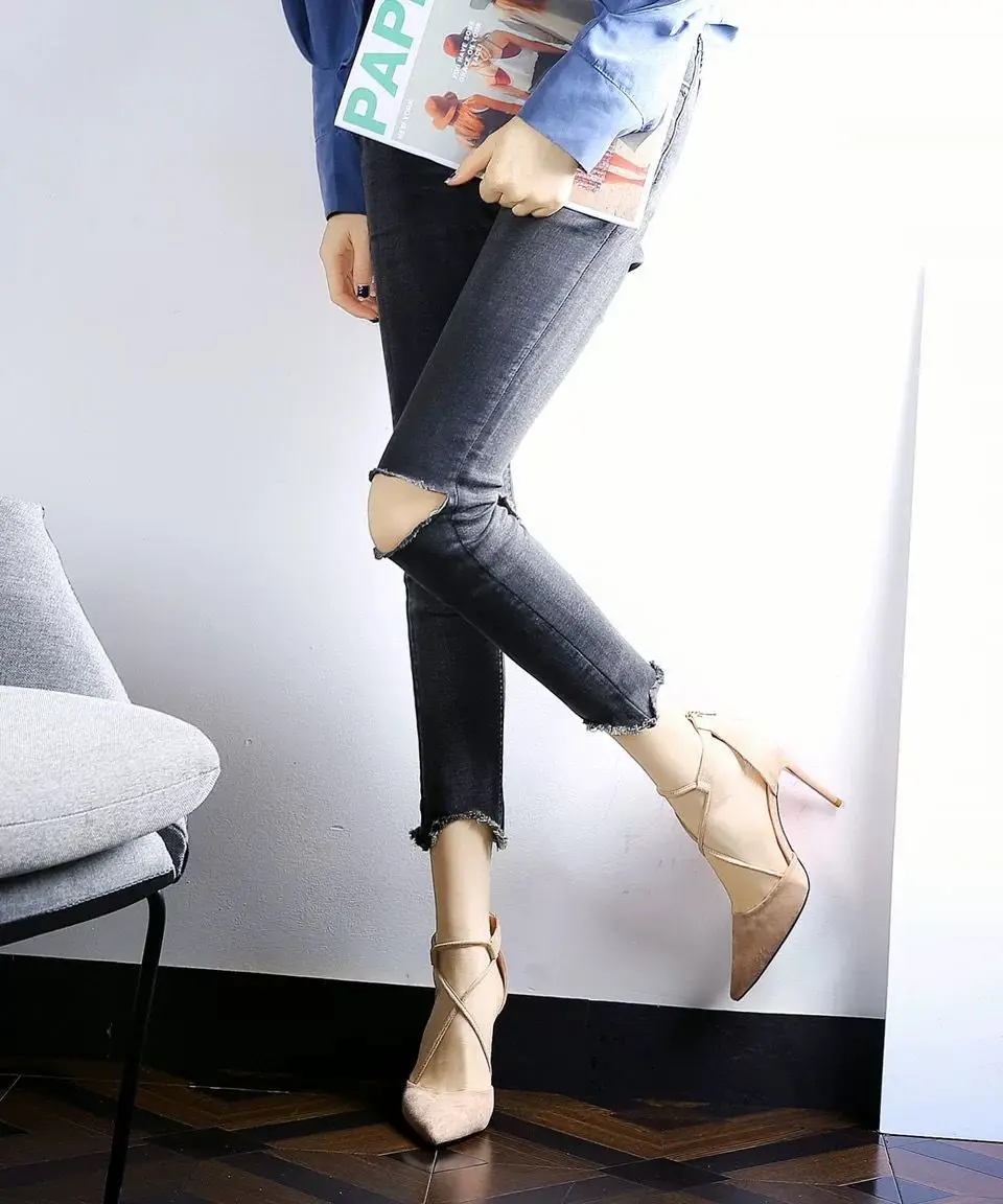 

2021 Women's Sandals Spring and Summer Fresh French Girl High Heels Black Suede Stiletto Sandals Pointed Toe Strap Hollow Shoes