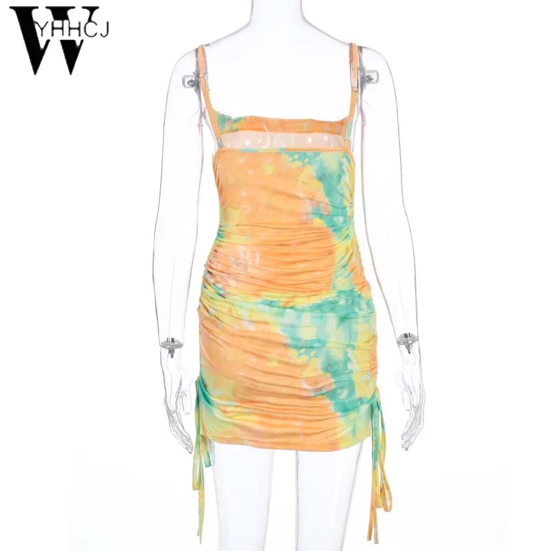 

WYHHCJ New Tie Dye Drawstring Sexy Party Dresses Women Strap Bodycon Hot Skinny Clubwear 2020 Summer Ruched Fashion Mini Dress