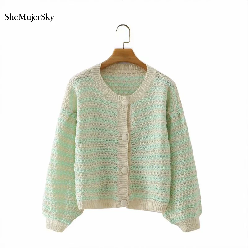 

Женский однобортный Кардиган SheMujerSky, укороченный зеленый кардиган с пышными рукавами и круглым вырезом, свободный свитер, 2021