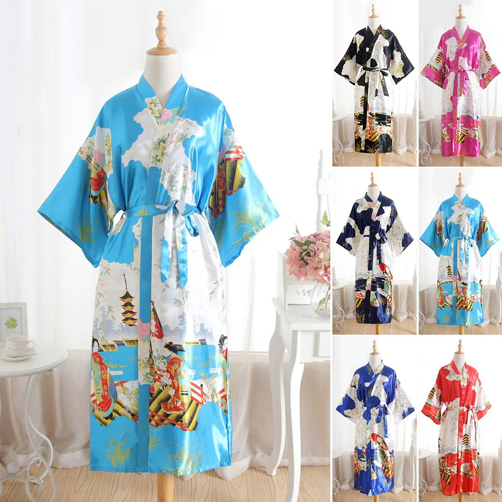 

Women Long Satin Bathrobe Bridal Wedding Bride Bridesmaid Kimono Gown Robes Fashion Flower Print Summer Silk SatinSexy Bathrobe