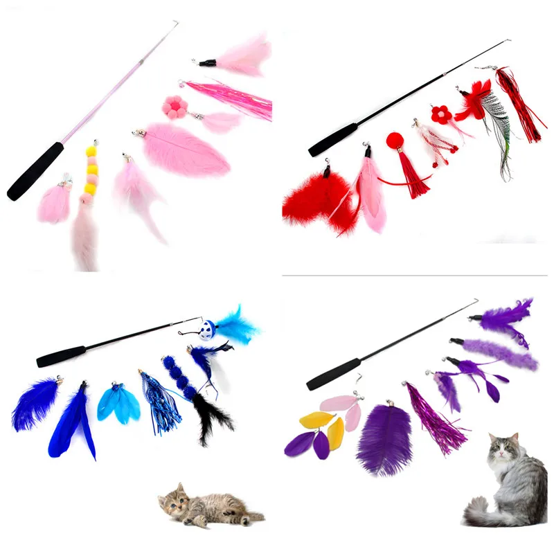 8PC Replacement Cat Feather Toy Cat Stick With Bell Cat Feather Teaser Wand Pet Kitten Interactive Toy Retractable Fishing Road
