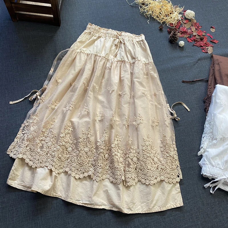 

Japan Style Retro Cotton linen Hollow out Embroidery Mesh Skirt Mori Girl Elastic Waist Lace Double-layer Skirt