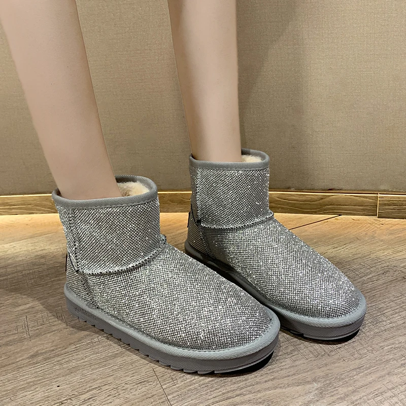 Женские зимние ботинки Блестящие женские новые теплые короткие мягкие плюшевые