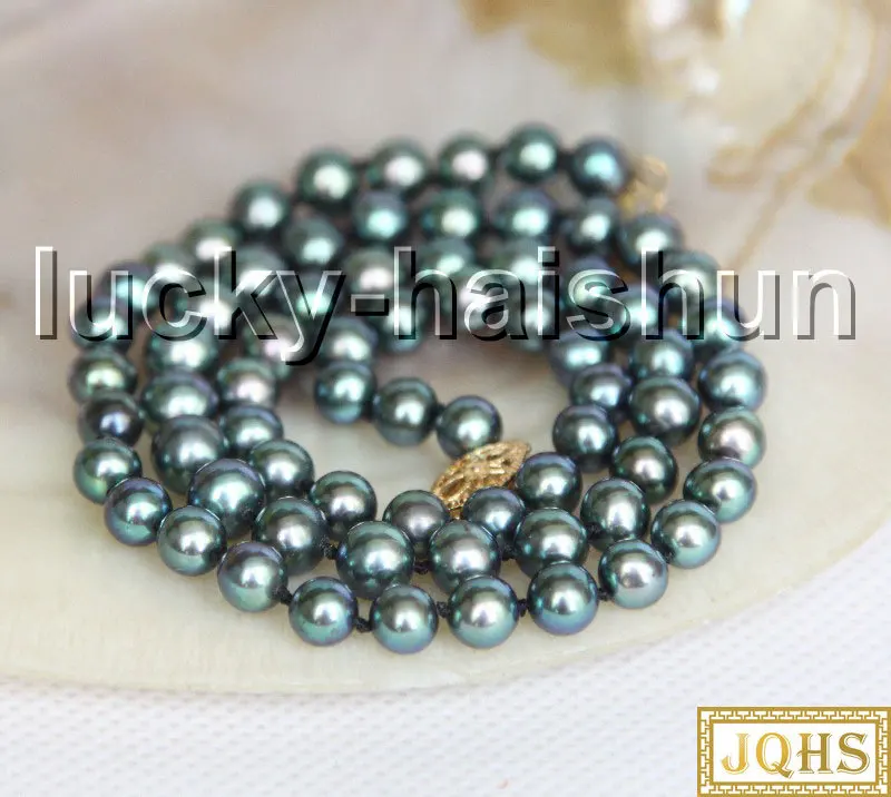 

AAAA 17" 6.5mm Round Peacock Black Freshwater Pearls Necklace 14KT Clasp J13293