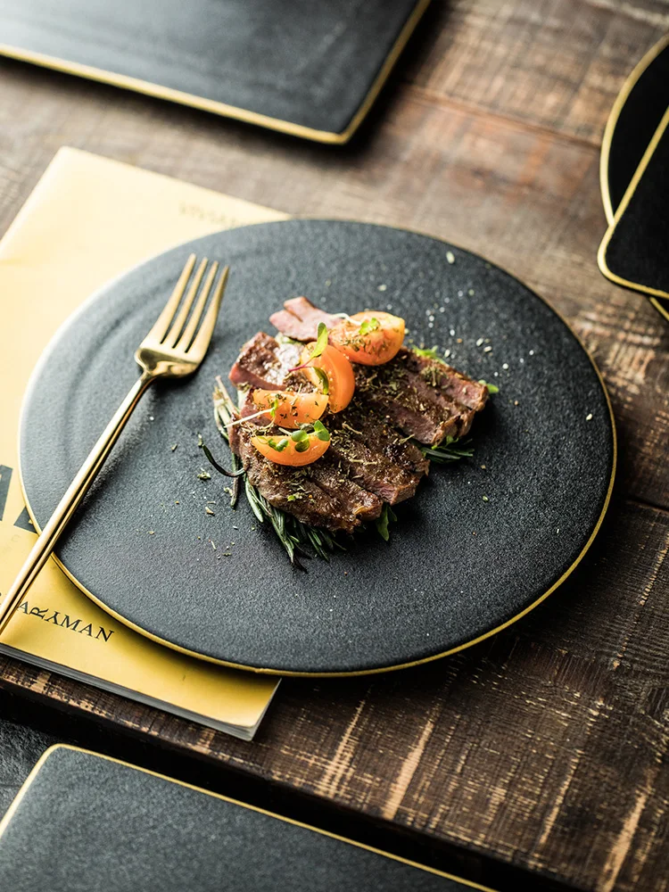 

Gold Frame Ceramic Dinner Plate Home Exquisite Dessert Cake Plate Hotel Restaurant Cutlery Set Steak Western Plates Porcelain