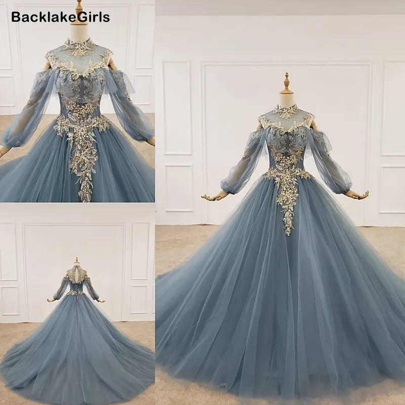 Женское вечернее платье с аппликацией в виде цветов синее сексуальное высокой