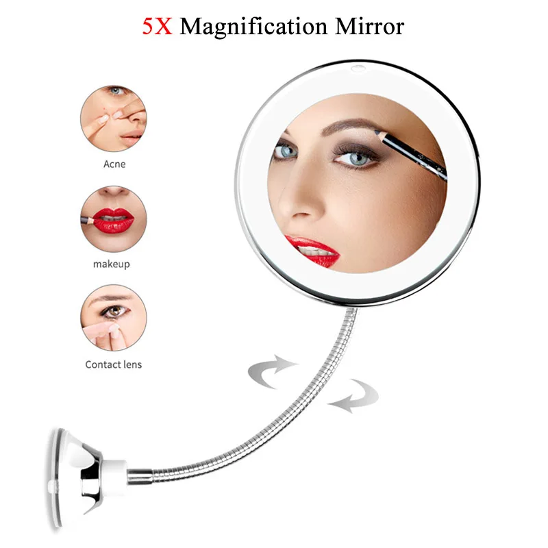 5X Magnifier Гибкое зеркало с светодиодный светильник 5X/10X увеличительное зеркало вращение на 360 ° туалетное зеркало для ванной комнаты светодиодный присоска для настенного зеркала зеркало с подсветкой для макияжа зеркало для ма - Цвет: 5X Magnifier