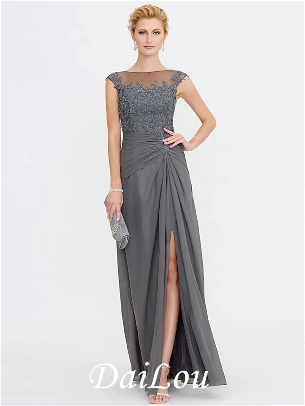 

A-Line Mother of the Bride Dress Elegant See Through Bateau Neck Floor Length Chiffon Lace Sleeveless with Side Draping 2021