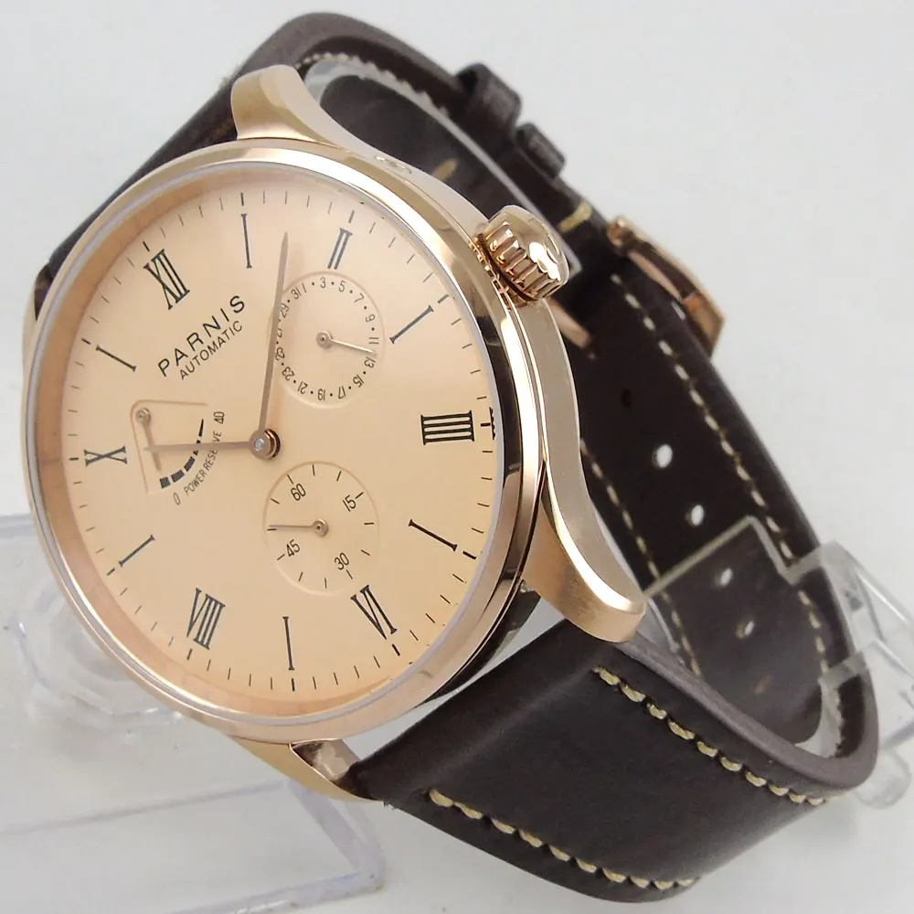 Роскошные автоматические часы Parnis с резервным питанием запатентованные
