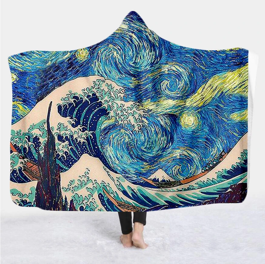 

Japanese Famous Paintings The Great Wave Blanket Hooded Blanket 3D full print Wearable Blanket Adults men women Blanket style-10