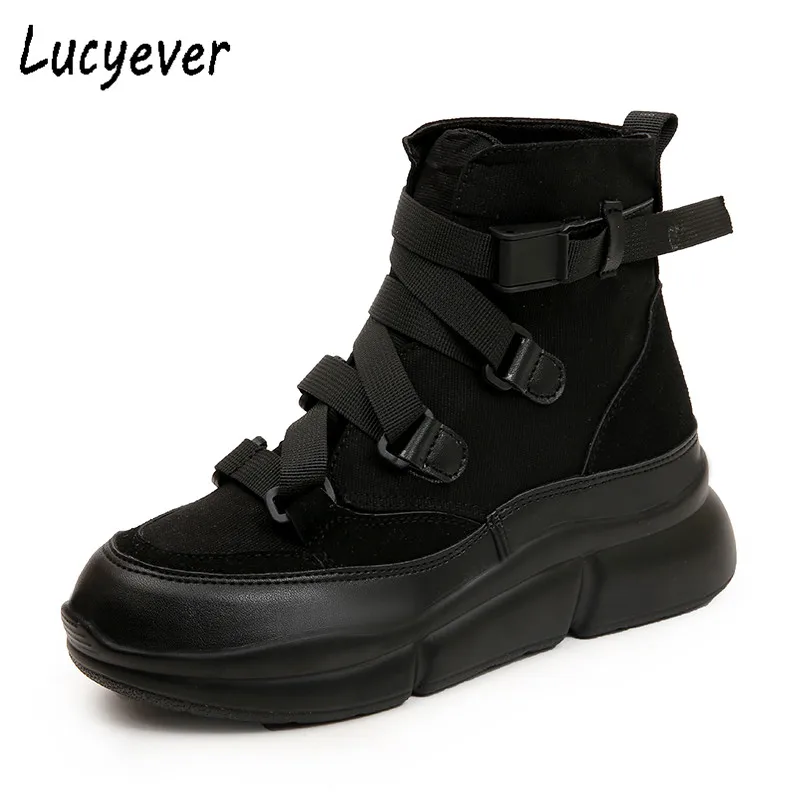 Lucyever/женские ботильоны; сезон весна-осень; парусиновая обувь на платформе с пряжкой; женские повседневные кроссовки с круглым носком на толстой подошве; Botas Mujer