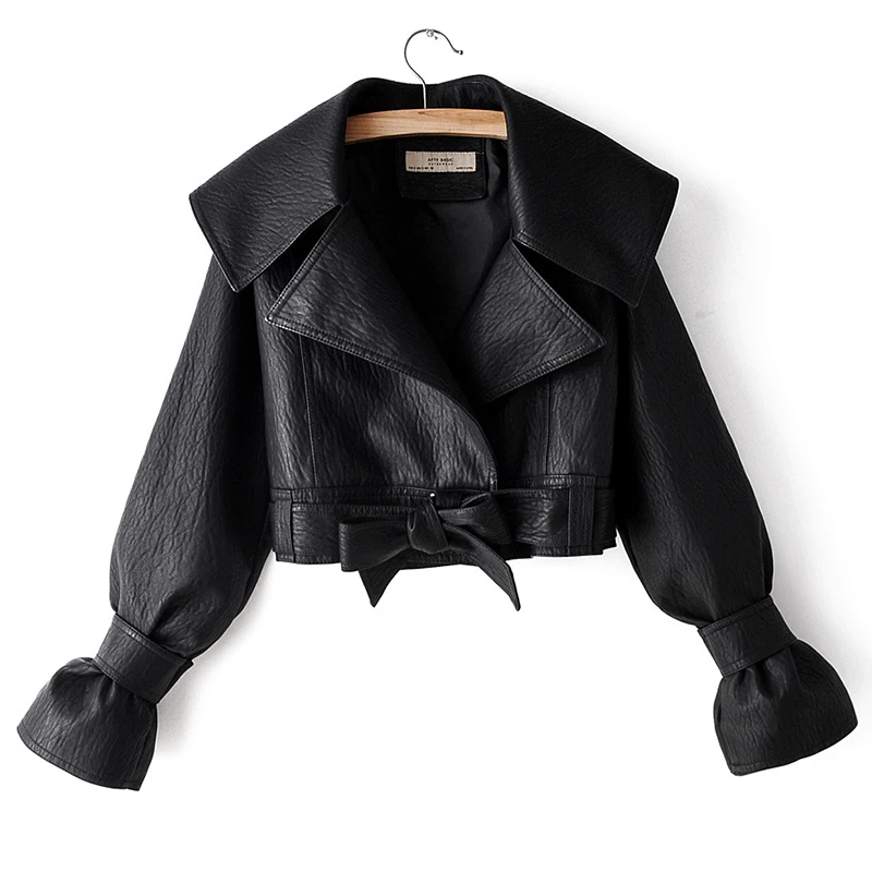 Fitaylor/Осенняя короткая куртка из искусственной мягкой кожи, отложной воротник, пальто для женщин с бантом и поясом, свободное байкерское пальто, черная, красная мотоциклетная верхняя одежда