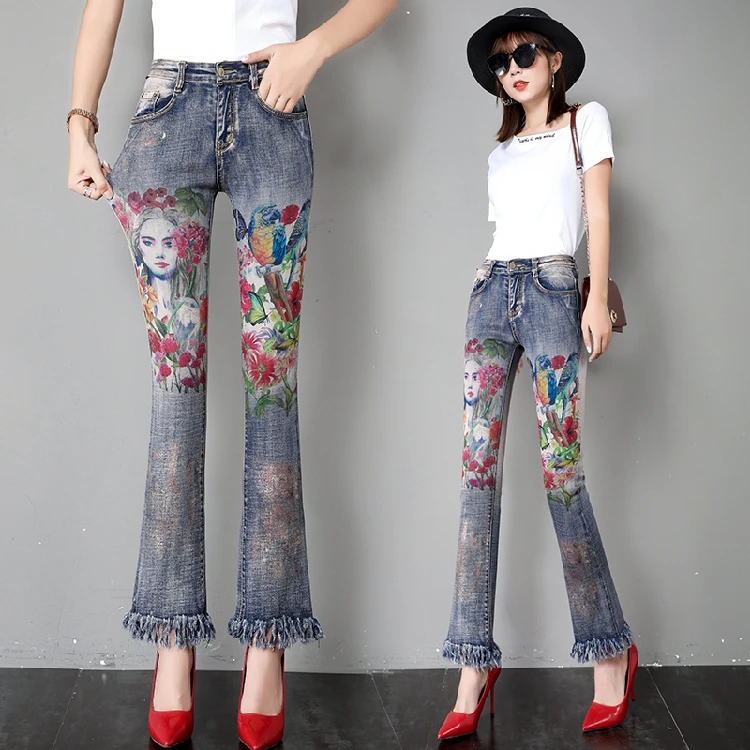 Женские раскрашенные бронзовые джинсы Новые Модные расклешенные с принтом