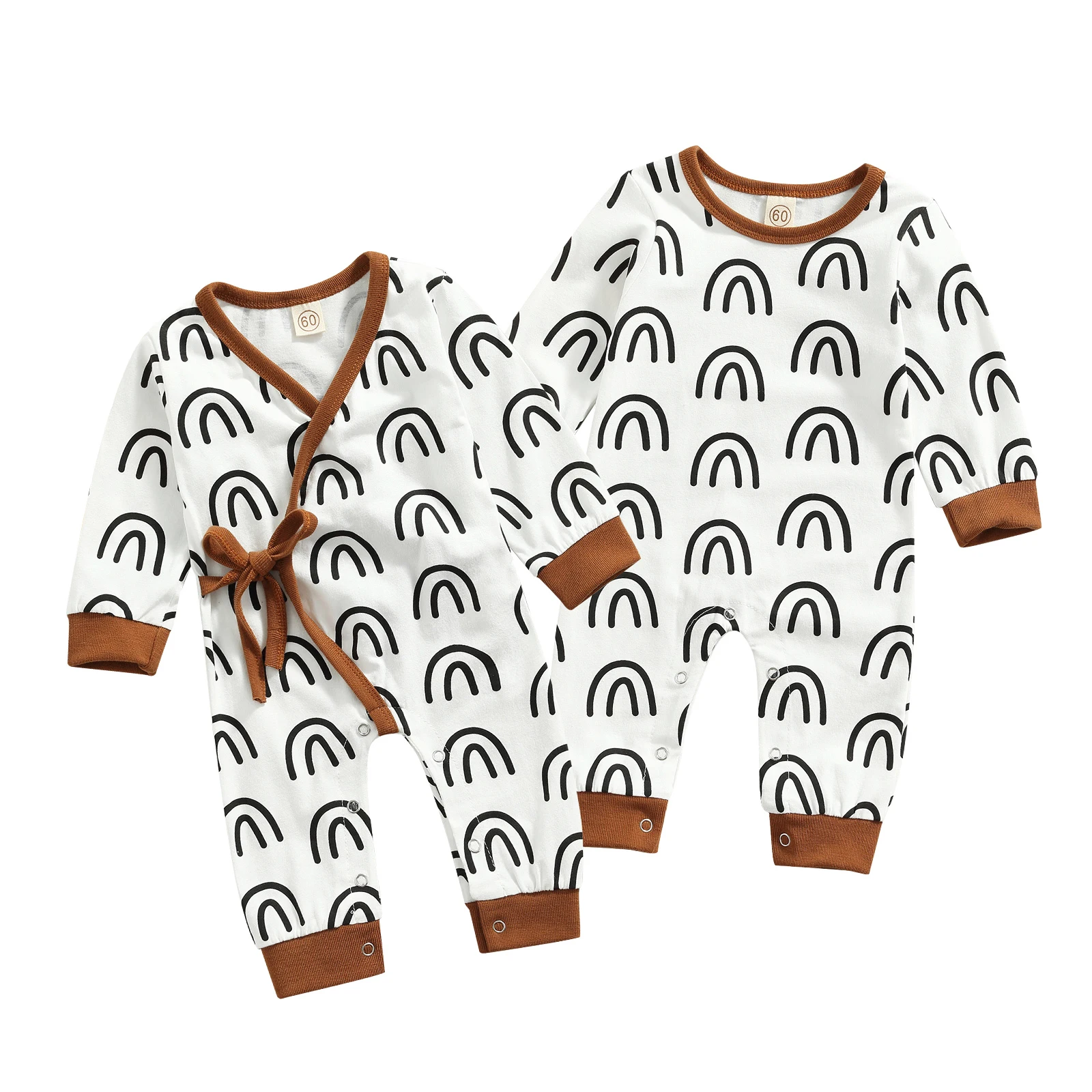 

Baby’s Clothes Casual Long Sleeve Jumpsuit Fashion Rainbow Print Tie-up V-neck Round Neck Long Kids Romper Children's Clothing