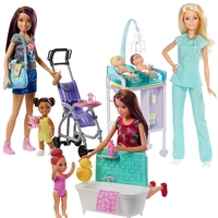barbie careers baby doctor doll baby nursery teacher feeding set bathtub doll little baby care teacher cart toy for girls gift