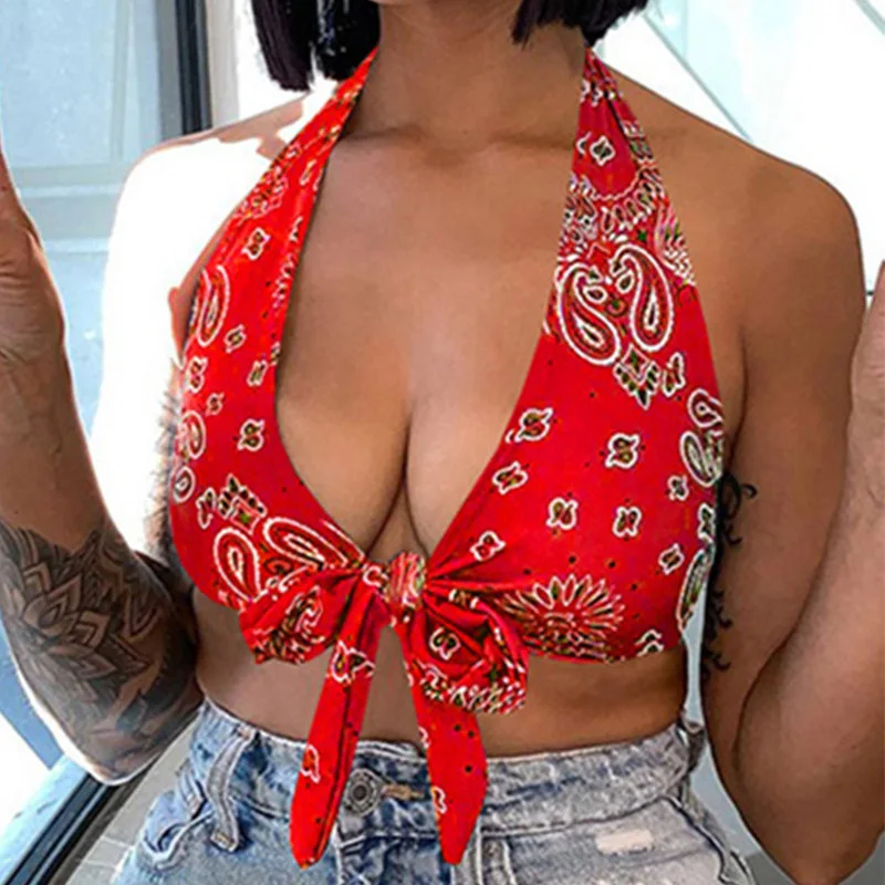 

Женский топ на бретельках Y2K, летний топ с открытой спиной и цветочным принтом, в богемном пляжном стиле, короткий топ с завязками спереди