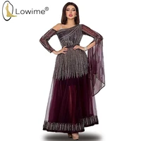 arabic style purple evening dresses 2020 a line muslim long sleeve one shoulder beaded ankle length formal dress robes abiye