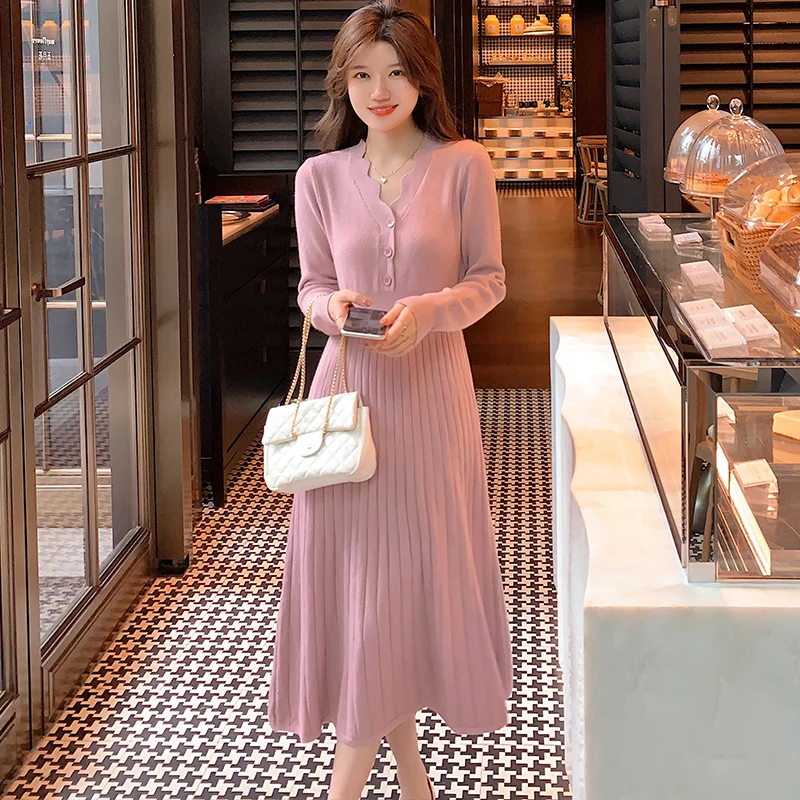 

High Quality Knitted Dress Women's Autumn And Winter Long Sleeve Bottoming Midi Sweater Dresses