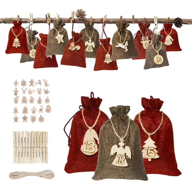 

24PCS Advent Calendar Bags Christmas Digital Drawstring Linen Bag Reusable Gift Bag For Decorating Christmas Trees And Windows