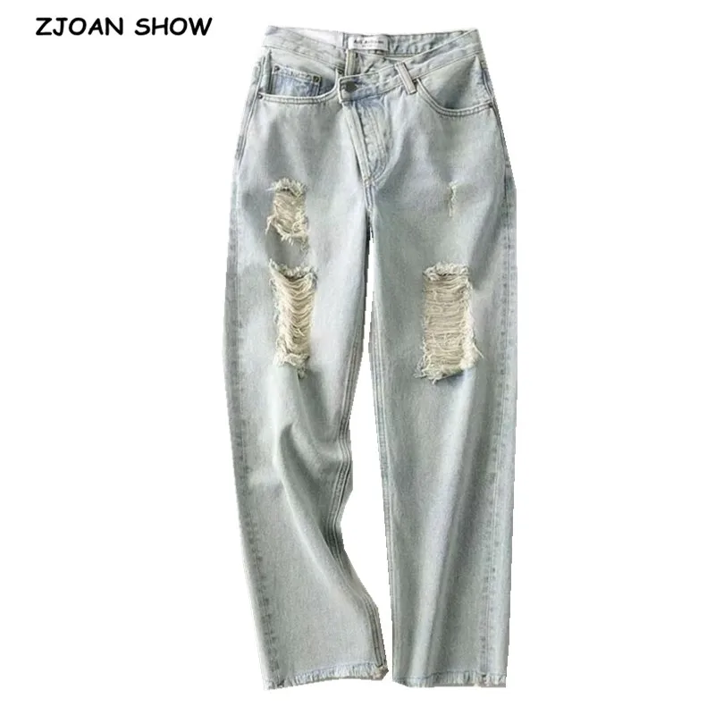 

Шикарные винтажные джинсы 2020 с завышенной перекрестной талией, рваные джинсы в стиле ретро с вырезами, джинсы-бойфренды, джинсовые брюки, ул...