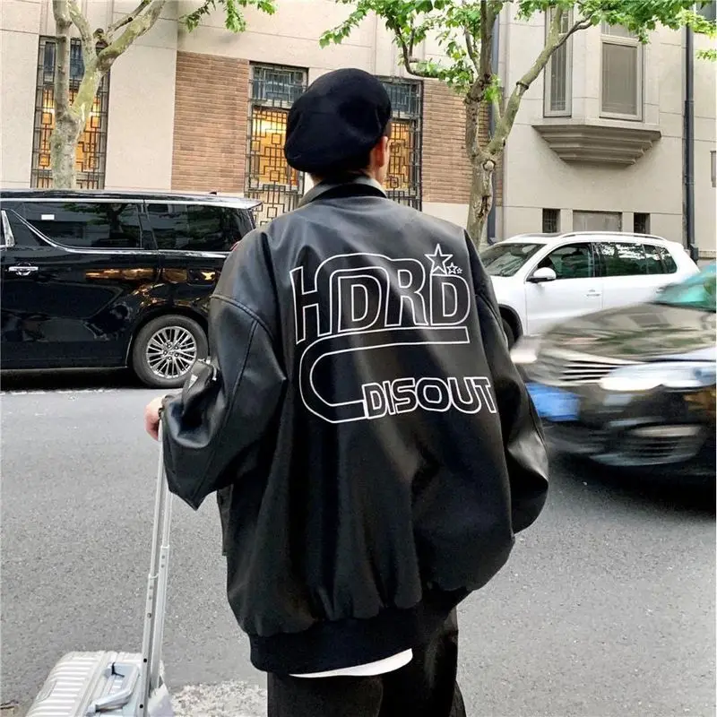 

Printed motorcycle jacket men's leather jacket autumn retro Hong Kong style high street fashion loose all-match clothing trend