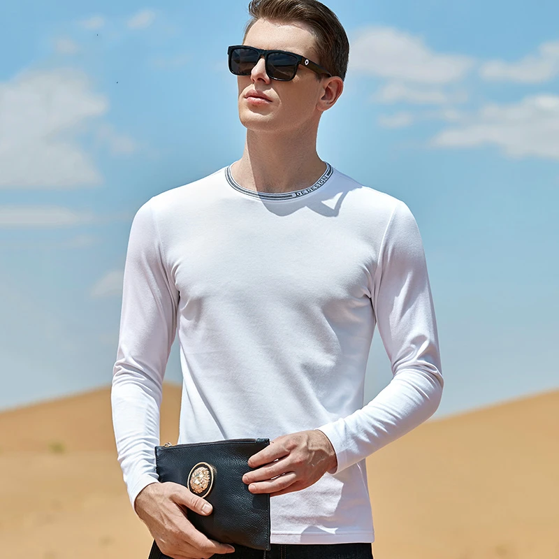 

High grade long sleeve t-shirt men's round neck 2021 autumn new youth fashion jacquard mulberry silk breathable bottom top