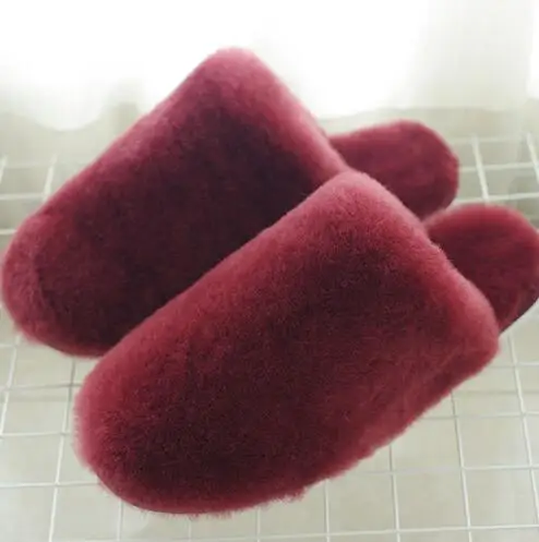 Oxblood red Зимние теплые меховые тапочки из натуральной овчины женская домашняя обувь Домашние тапочки Роскошные шерстяные тапочки женские повседневные Тапочки - Цвет: Oxblood red