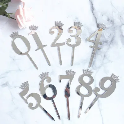 

Golden Silver Happy Birthday Number 0-9 Crown Cakes Topper Baby Shower Kids Birthday Party Wedding Favor Supplies Decorations