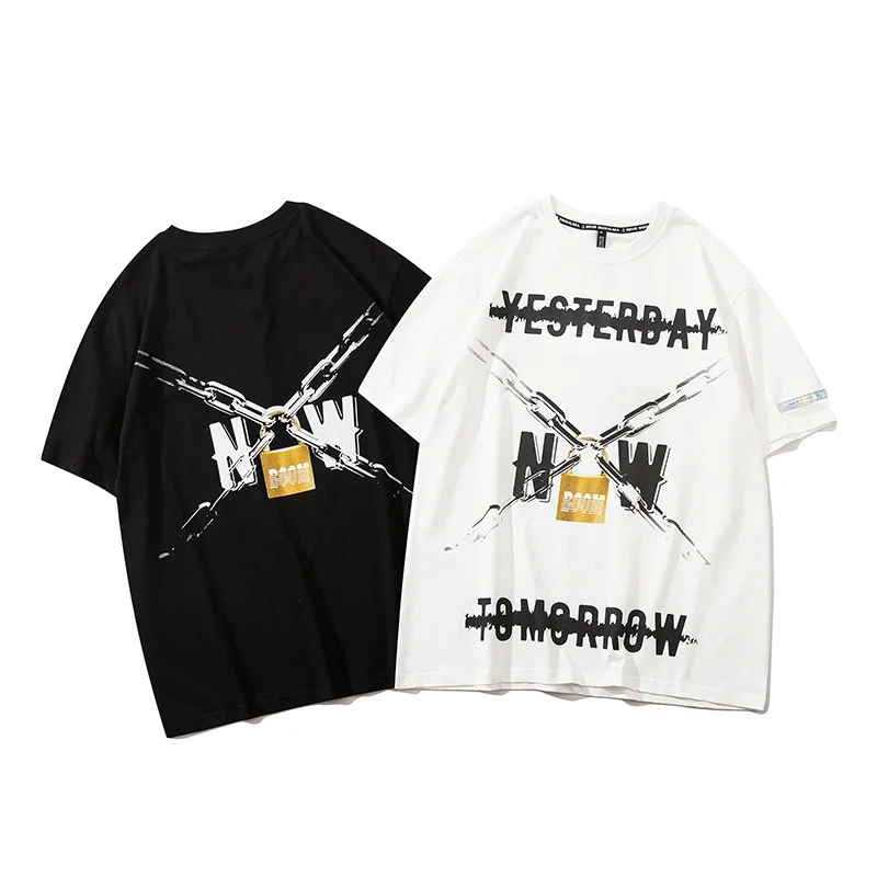 

Chaozhou high street hip hop black and white T-shirt Street oversize loose chain letter print Short Sleeve Tee