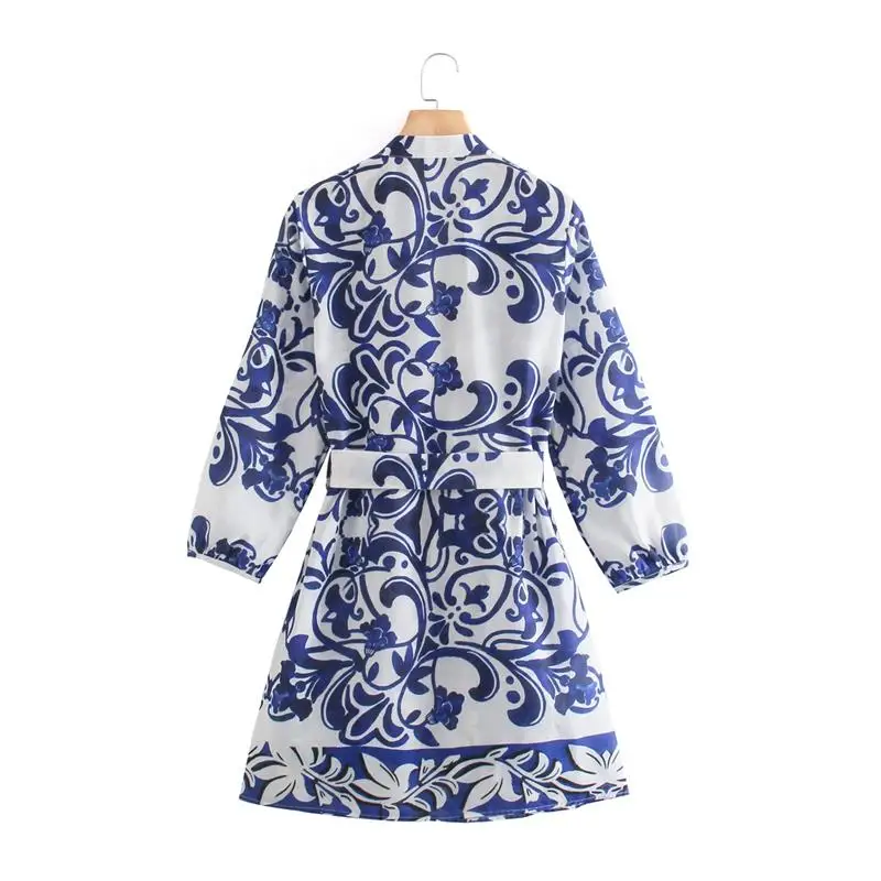 

ZA Women Mini Dress With Blet 2021Single Breasted Elegant V-Neck Floral Printed Dresses Long Sleeve Party Vestido Outfit