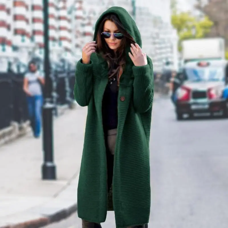 Женское длинное зимнее трикотажное пальто с капюшоном| |