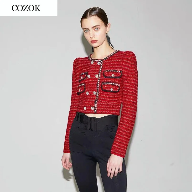

Runway Cropped Sweater Cardigan 2021 Autumn Round Neck Double Breasted Long Sleeve Red Top Short Knitted Sweater Jacket Knitwear