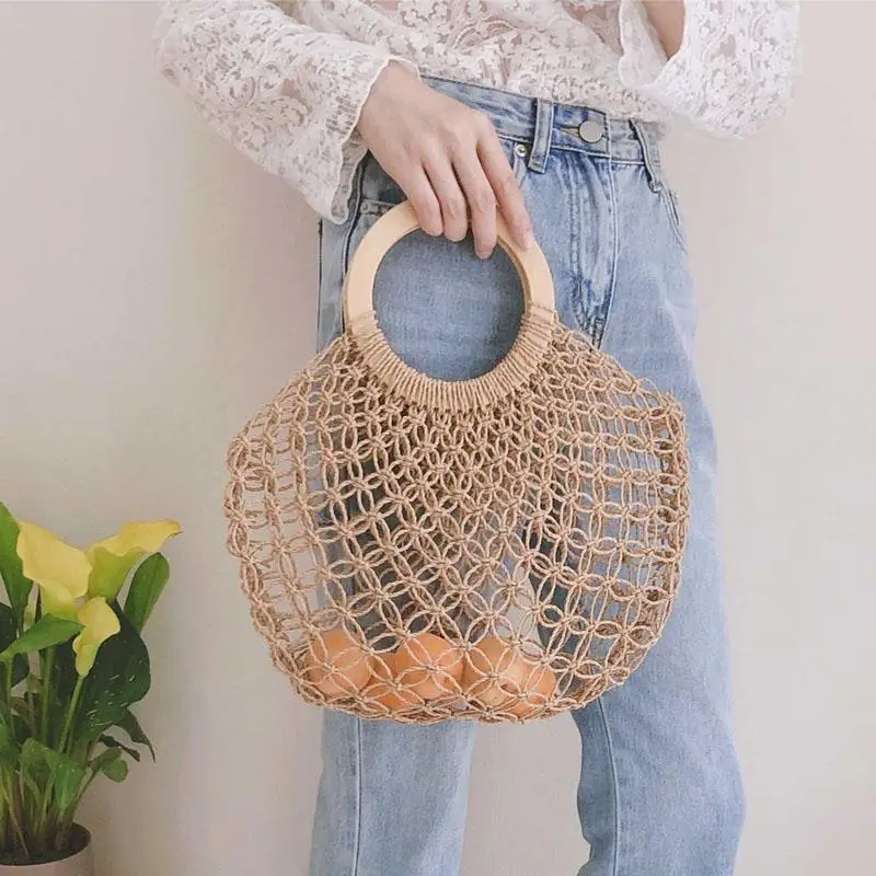 

Summer Hollow Woven Women's bag Round Wodden Handle Women Handbag Beach Straw Tote bags for women Mesh Handbags Net Hand Bag New