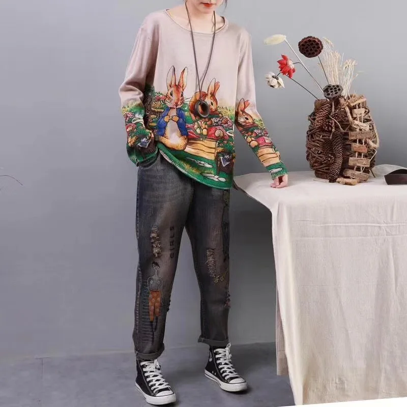 

Plus Size Cute Animal Print Sweaters Women Korean Style Ladies Clothes Girl Knitted Cotton Printed Casual Winter Female SA194S30