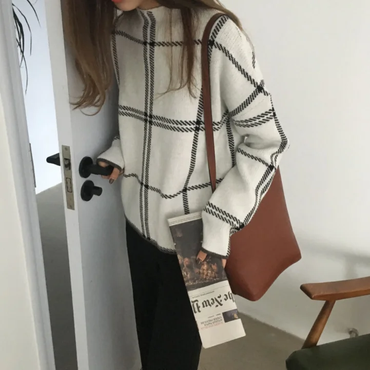 2020 Ins Winter New Women's Pullovers Sweater Fashion Plaid Turtleneck Loose Knit Full Sleeve Tops DA217 | Женская одежда