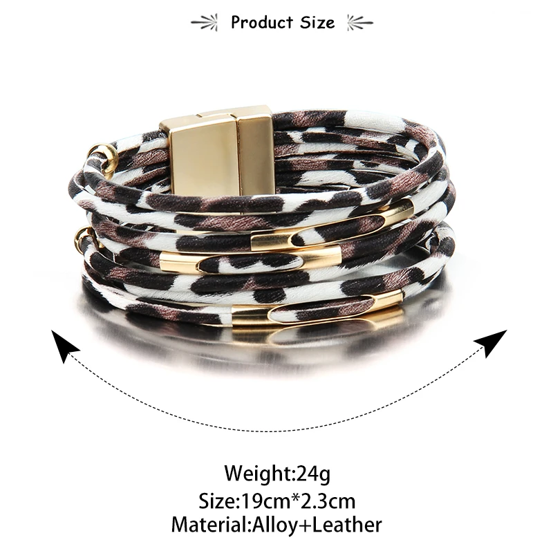 Браслет женский многослойный широкий из кожи с леопардовым принтом | Украшения и