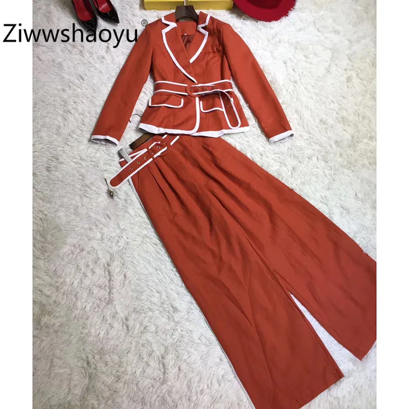 Ziwwshaoyu женские осенне-зимние Подиумные брюки костюм-двойка куртка с длинными рукавами+ штаны Модный комплект из двух предметов Новинка
