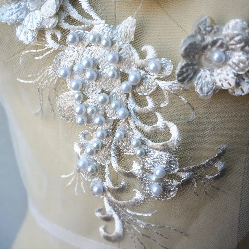 Вышитый белый цветок кружевной ткани с бусинами Аппликации отделка воротника