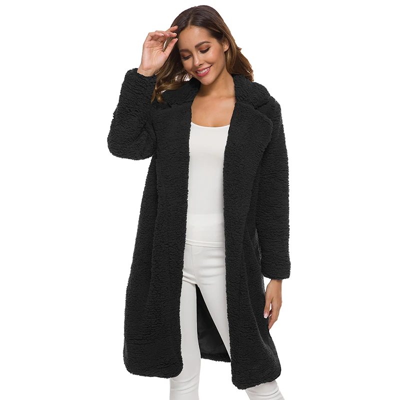 CINESSD Women Autumn Winter Parkas Coat Turn Down Collar Long Sleeves Navy Blue Casual Cardigan Lamb Wool Midi-Length Jackets