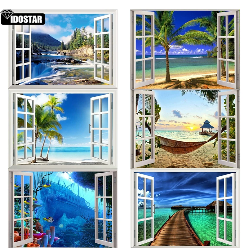 

Алмазная картина IOOSTAR 5d, полностью квадратная/круглая, "красивые пейзажи окна", стразы, сделай сам, алмазная вышивка, домашний декор