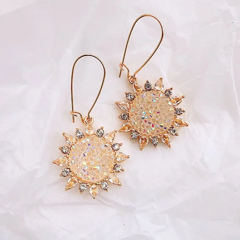 Earrings Black Round Square Star Pendant Geometric Women's Earrings Crystal Luxury Wedding Banquet Rhinestone Earrings - Окраска металла: sunflower-White