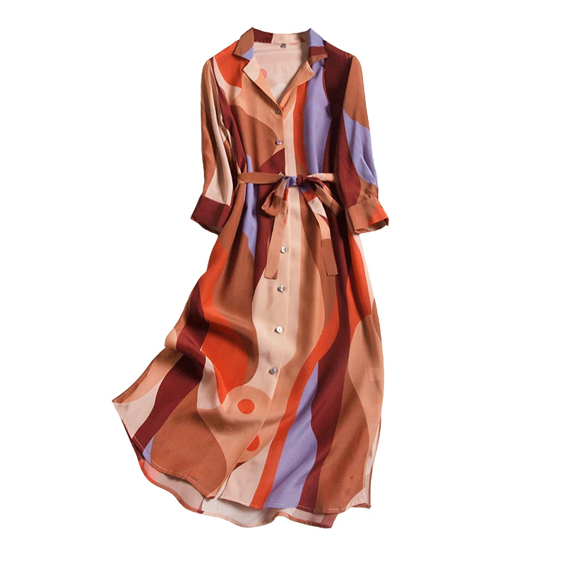 

Silk Color Matching Woman Dress 2021 Spring New High-End Temperament Long Shirt Skirt