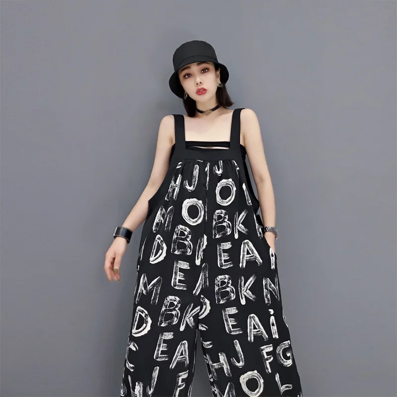 

XITAO Letter Print Suspenders Jumpsuits Fashion Loose Wide Leg Pants Summer Casual Contrast Color Street Trendy Women CLL1254