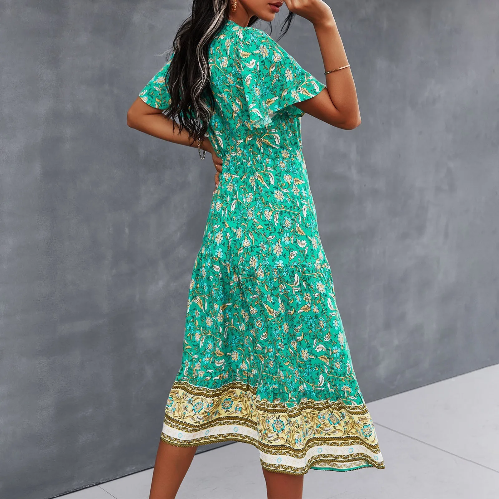

Loose Bohemian Dresses Women Casual Floral Rhombic Dress Beach Style Temperamental Print Maxi Dredd Prairie Chic Dresses