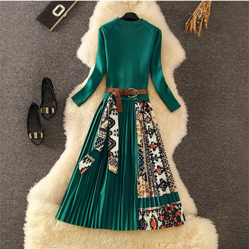 Элегантное трикотажное плиссированное платье миди в стиле пэчворк Осень зима 2021